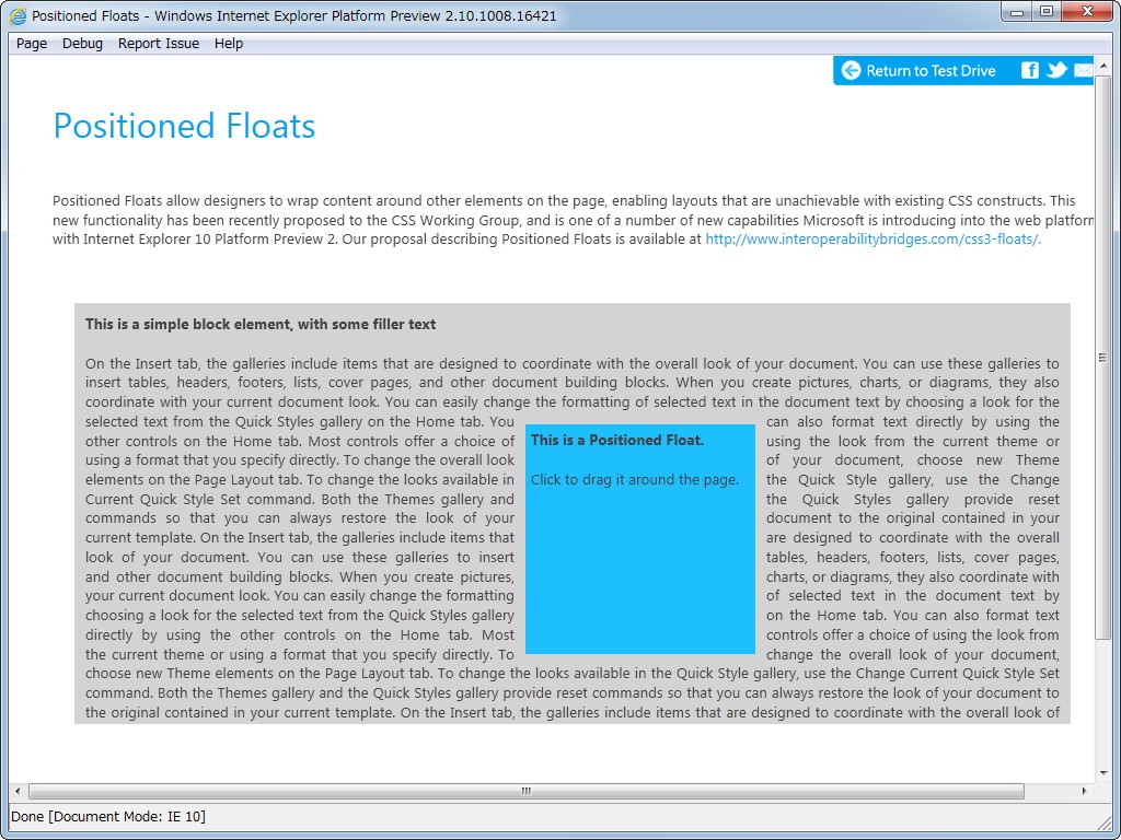 “CSS3 Positioned Floats”のデモ。これまでよりも柔軟な版組が可能