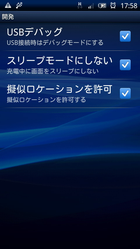 設定画面の“アプリケーション設定”－“開発”画面