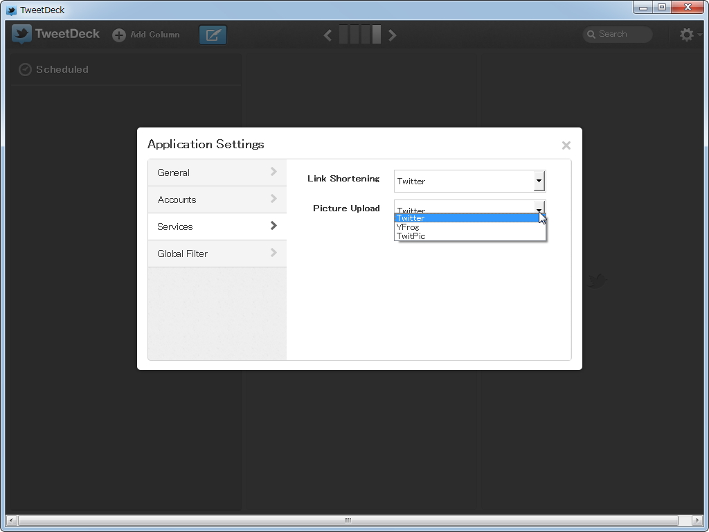 URL短縮サービスとして“t.co（Twitter）”と“bit.ly”、画像共有サービスとして“Twitter”“Twitpic”“yfrog”を選択可能