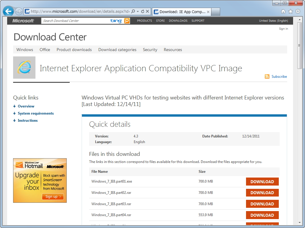 「Internet Explorer Application Compatibility VPC Image」の配布ページ