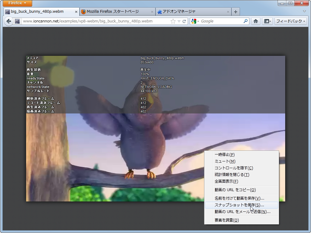 “video”タグで動画を表示する際に、現在のフレームを画像として保存したり、統計データを表示できるように
