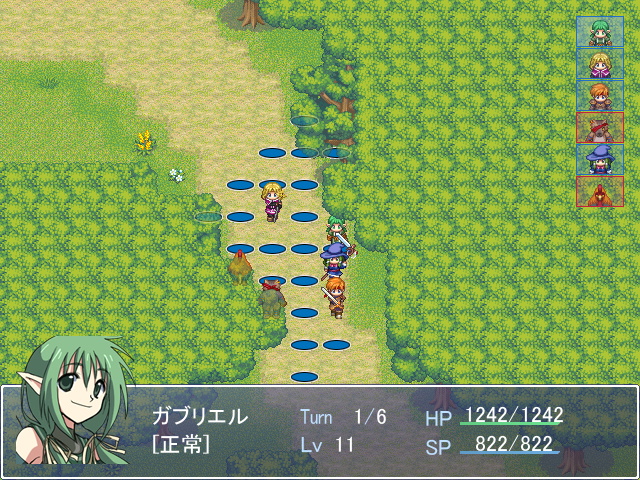 戦闘画面。青い丸が移動可能な場所で、敵味方を飛び越しての移動はできない