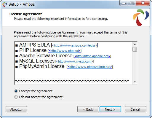 インストールはウィザードに従っていくだけ。「Apache」「MySQL」「PHP」「Perl」「Python」などを一括で導入できる