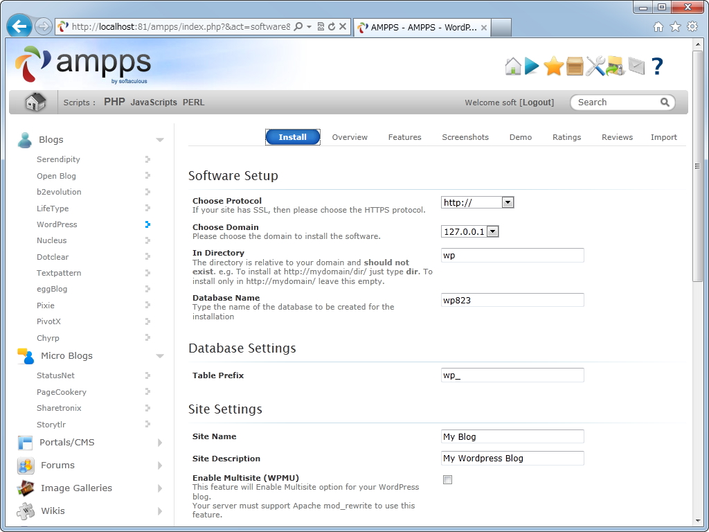 Webアプリケーションの［Install］タブで、必要な情報を入力して［Install］ボタンを押すだけでインストールが完了（画面はブログエンジン「WordPress」の場合）
