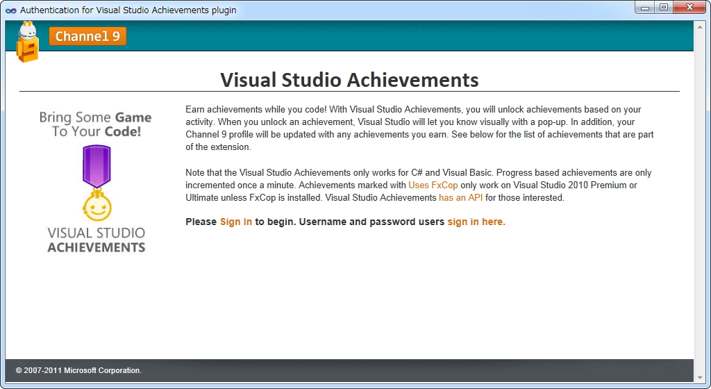 本拡張機能を利用するには“Channel 9”のアカウントが必要