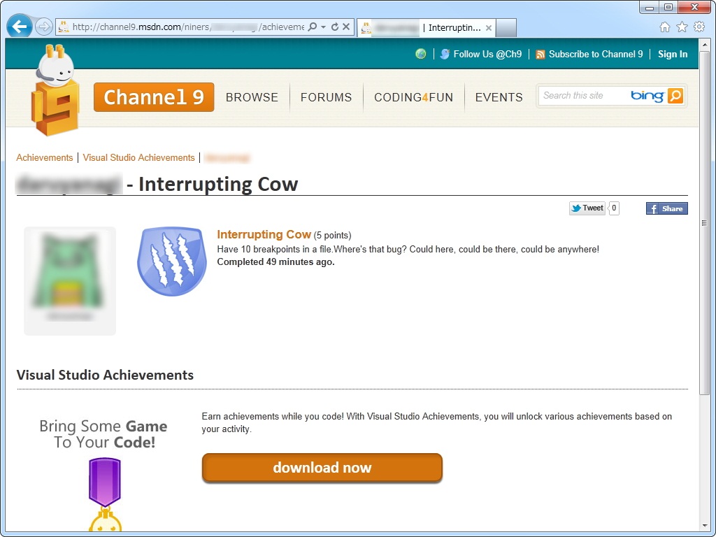“Interrupting Cow（ブレークしてばかりの臆病者）”バッジを獲得。このページはユーザーごとに作成され、FacebookやTwitterで共有できる