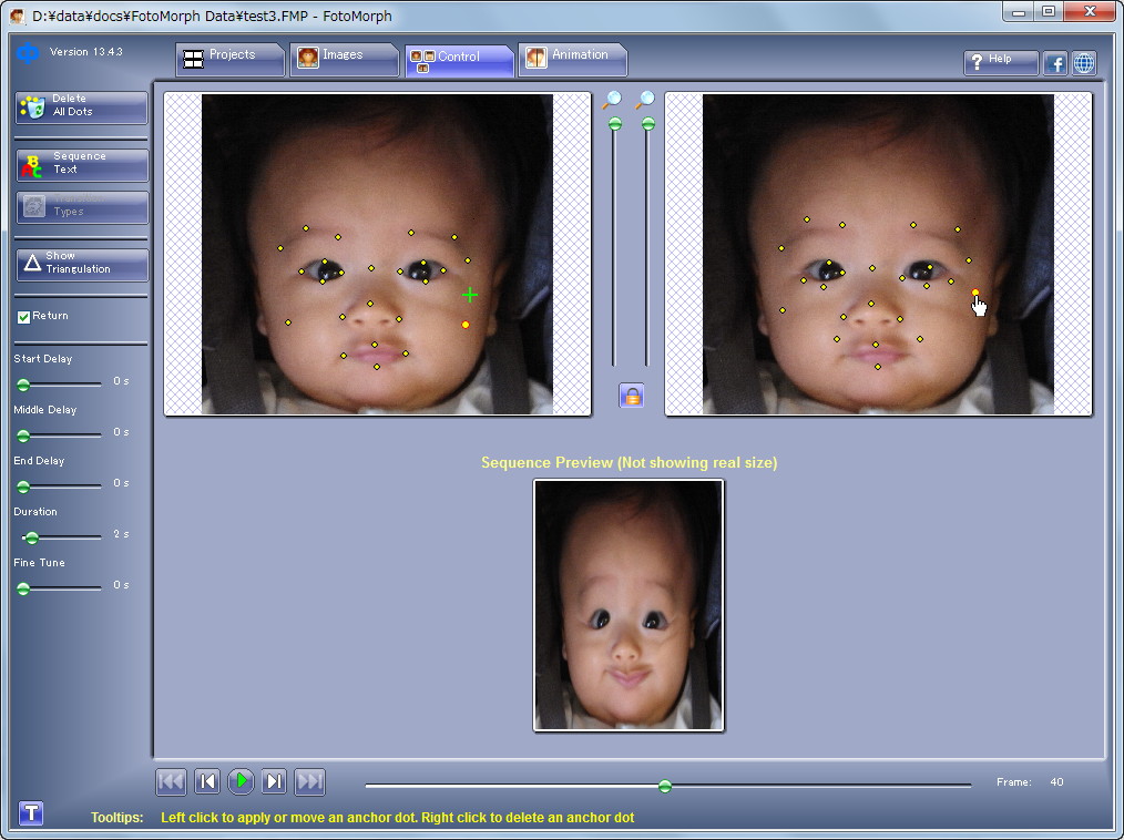“Warp”動画では左側の写真でクリックして指定した変形させたいポイントを、右側の写真上でドラッグして変形後の位置を指定