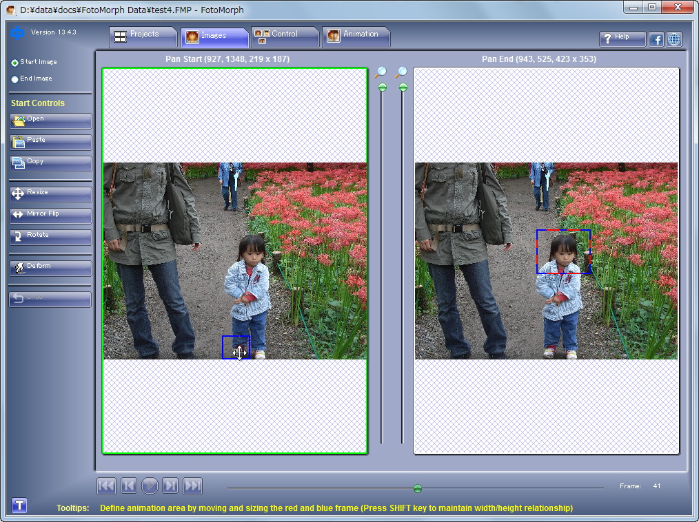 “Pan”動画では、［Image］タブでズーム・パンニングの最初の位置と最後の位置を指定