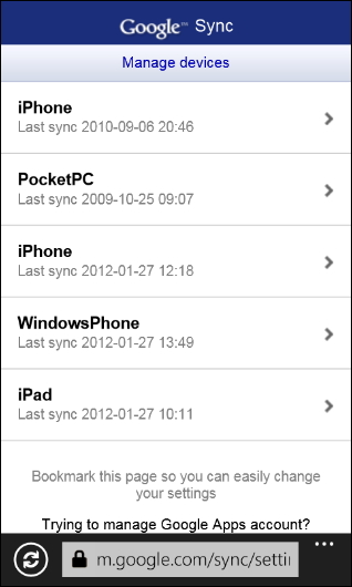 5. “Manage devices”画面の端末リストから“Windows Phone”を選択