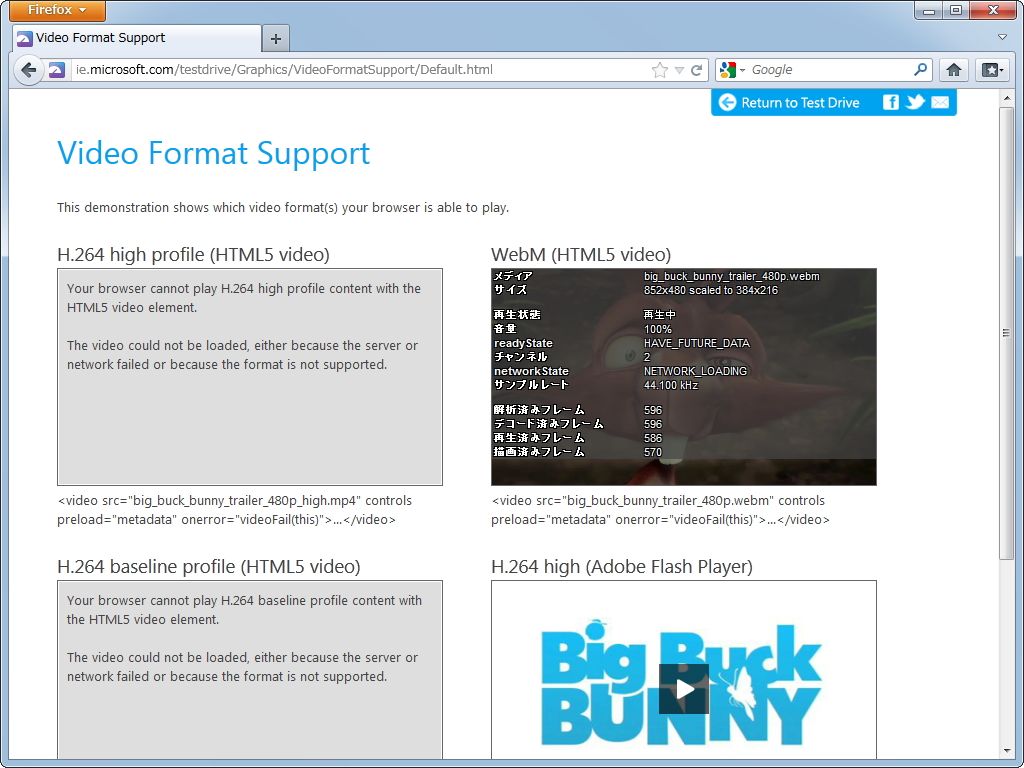 “HTML5 Video”で再生中の動画の統計データを表示