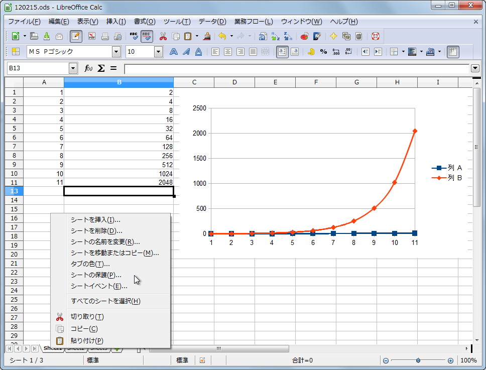 シートの切り替えタブの右クリックメニュー