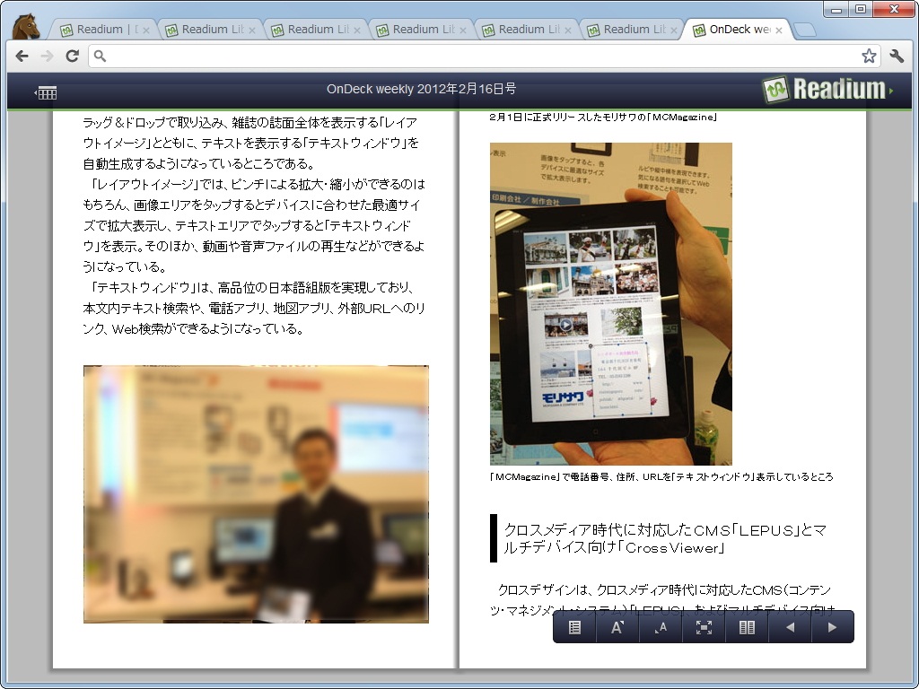 ビューワー画面。ツールバーでページ送りや表示のカスタマイズを行う