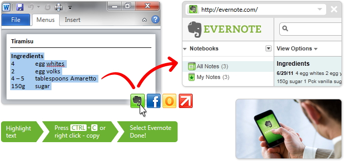 「Microsoft Word」のテキストを「Evernote」へクリップする例（ヘルプページより引用）
