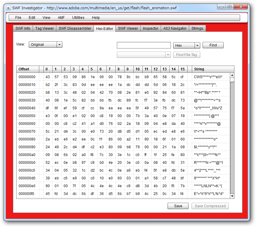 SWFファイルを解析し内容を閲覧したりバイナリへ変更を加えることが可能