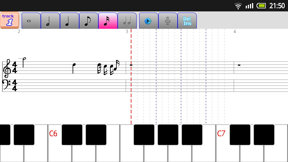 16分音符を選択すると1小節を16分割した点線が表示される