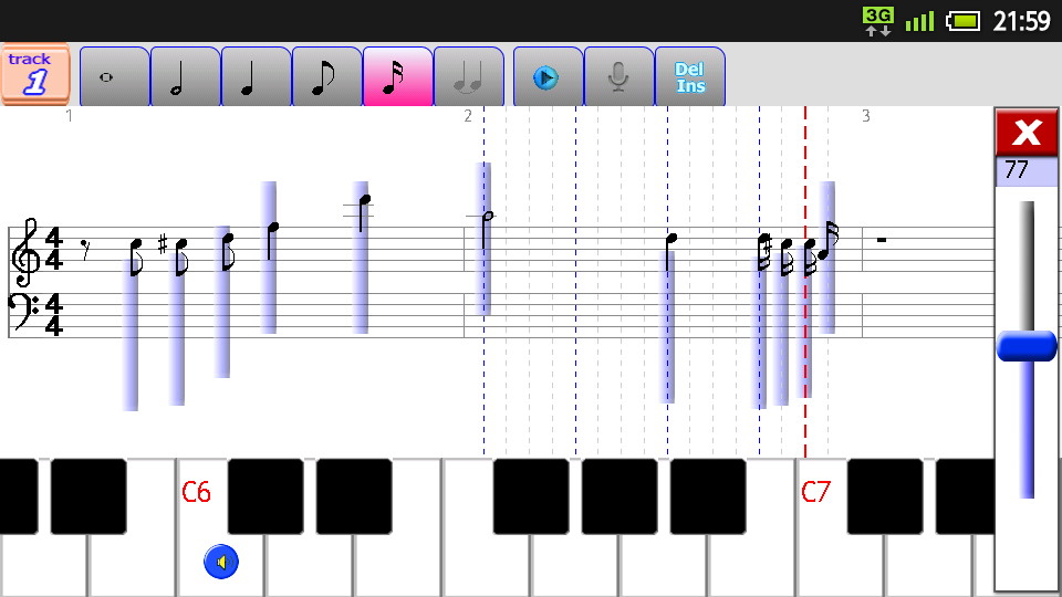 画面右端のスライドバーで音符ごとの音量を変更
