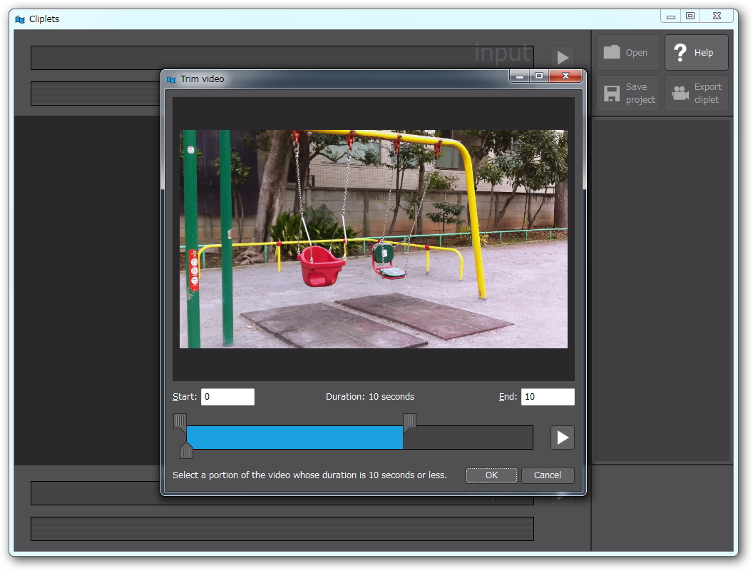 作成できるムービークリップの長さは10秒以内。読み込み時に切り取り操作が可能