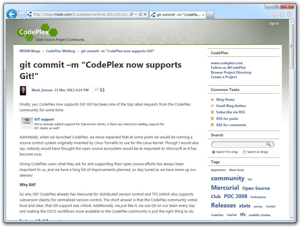 「Git」対応を発表した“CodePlex”のブログ記事