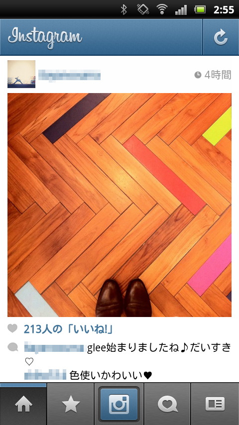 ［ホーム］タブには、フォローしているユーザーと自分が投稿した写真のタイムラインが表示される