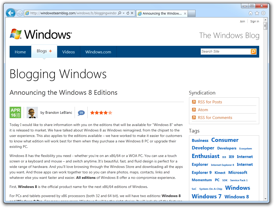 公式ブログ“The Windows Blog”