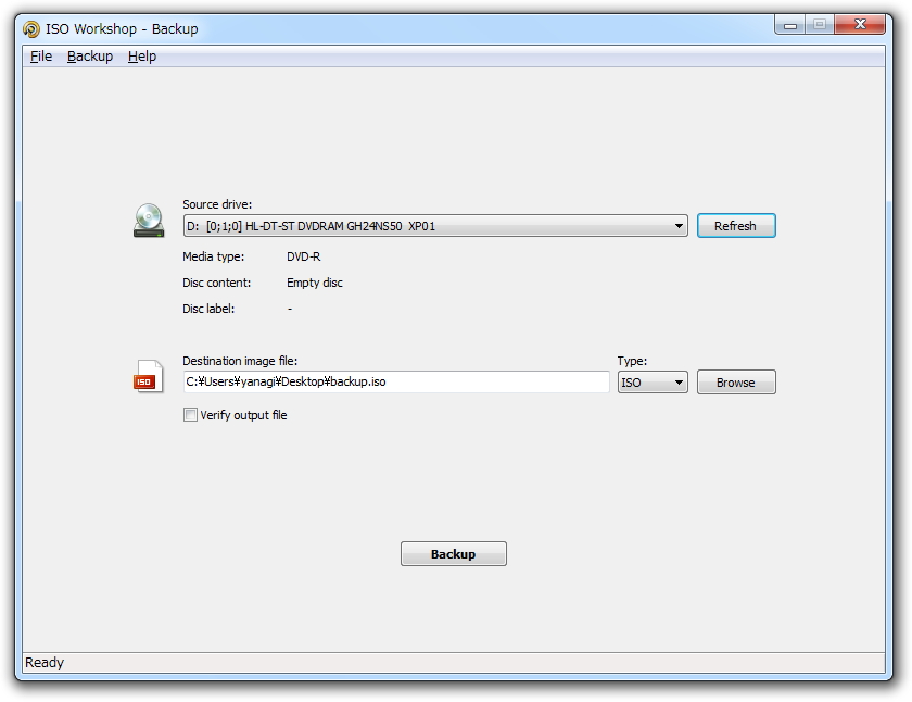 ［Backup］ボタンでイメージバックアップ