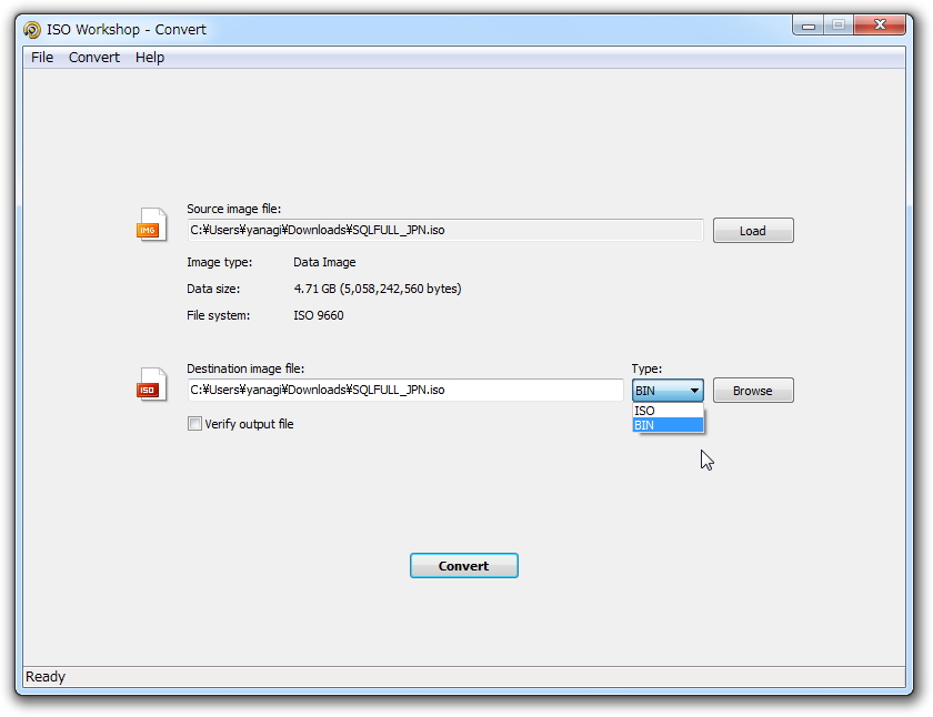 ［Convert］ボタンでディスクイメージの変換