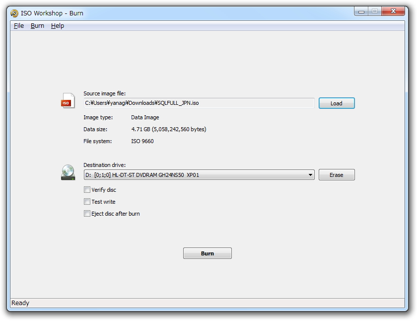 ［Burn］ボタンでディスクの作成