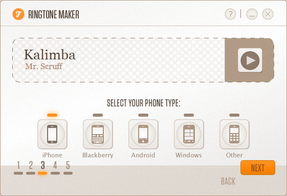 3. 転送先のデバイスの指定。たとえば“iPhone”を選択するとM4R形式の着信音ファイルが作成される。そのほかはMP3形式になるようだ