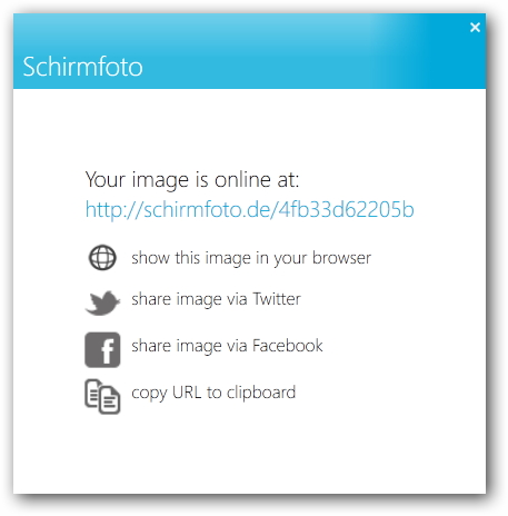 オンラインストレージ“schirmfoto.de”へアップロードして、その共有リンクをTwitter/Facebookへ投稿することも可能