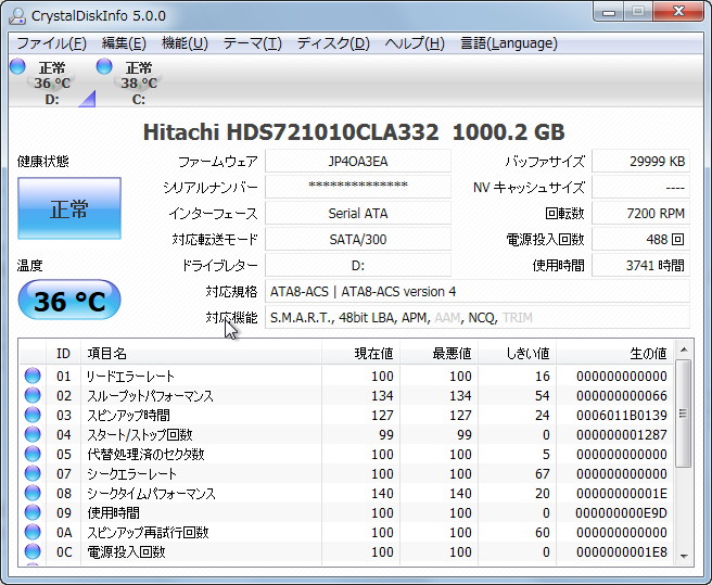 「CrystalDiskInfo」v5.0.0