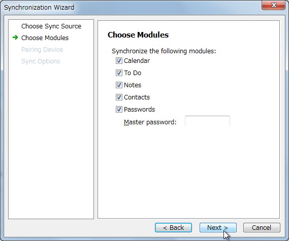 同期設定ダイアログ
