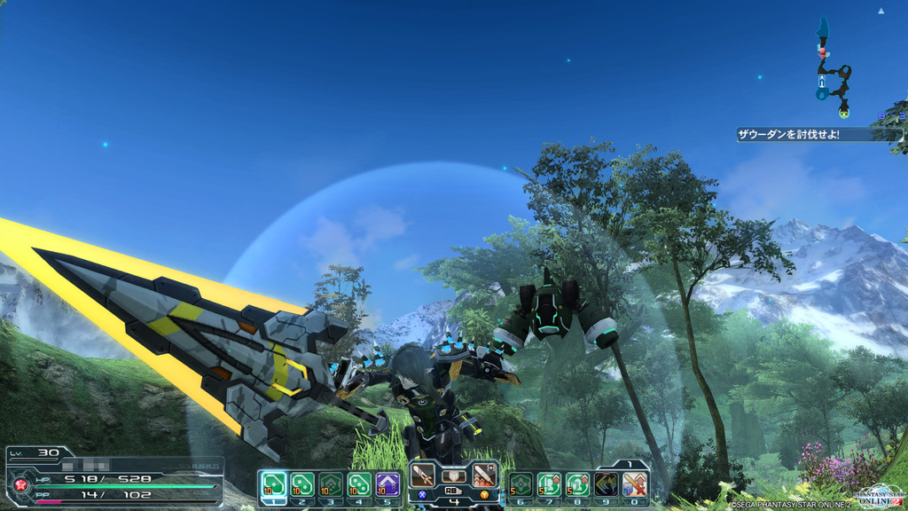 ハンター（Hu）用武器は、溜め系PAの溜め時間短縮スキルが強力な“ソード（大剣）”、範囲と速度に優れる“パルチザン（長槍）”、トリッキーな“ワイヤードランス（自在槍）”の3種（画像はソード）