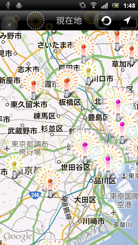 現在地周辺の花火大会の開催地を地図上で確認可能。スクロールしてほかの地域も調べられる