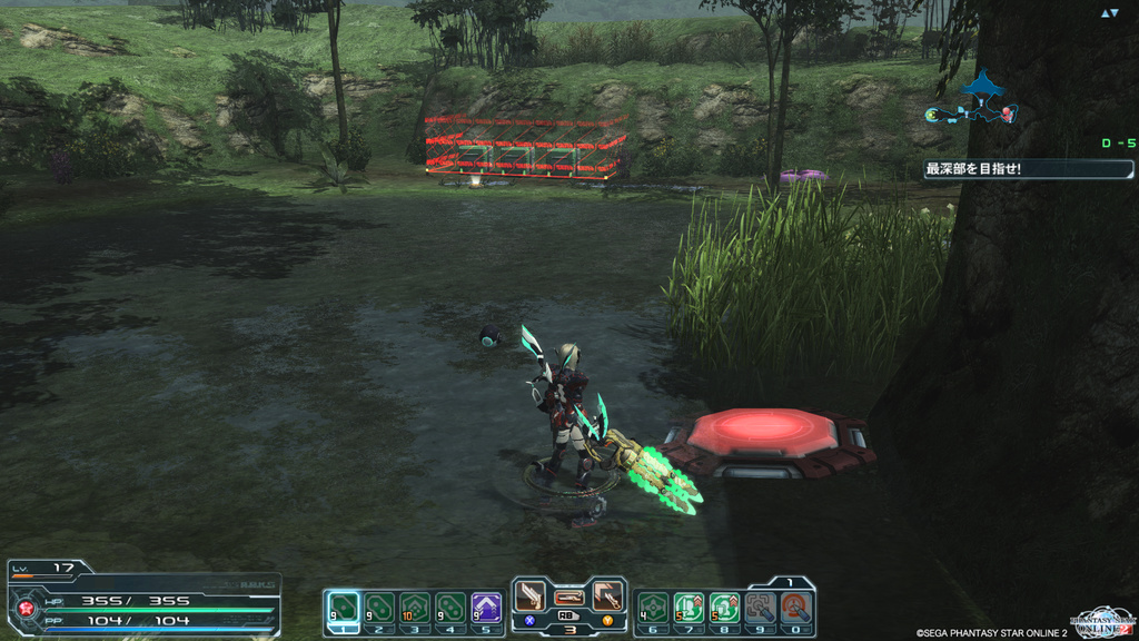 フィールドの各所には、上に乗ることで作動する障壁解除用のボタンや、断崖を飛び越えるためのカタパルトなどさまざまなギミックが存在する