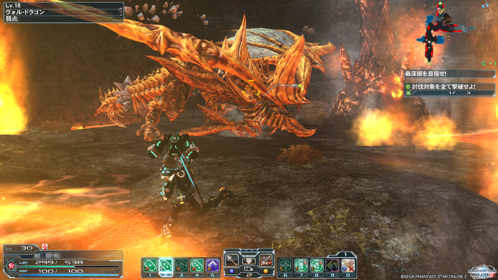 灼熱の溶岩と強い磁気による浮遊大陸が存在する惑星“アムドゥスキア”の“火山洞窟”フィールド。ボスは知性を備えた巨大な“龍種”、“ヴォル・ドラゴン”だ