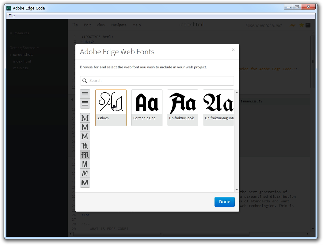 ダイアログでフォントを選ぶだけで、当該フォントをWebフォントとして利用するためのJavaScriptが簡単に挿入可能