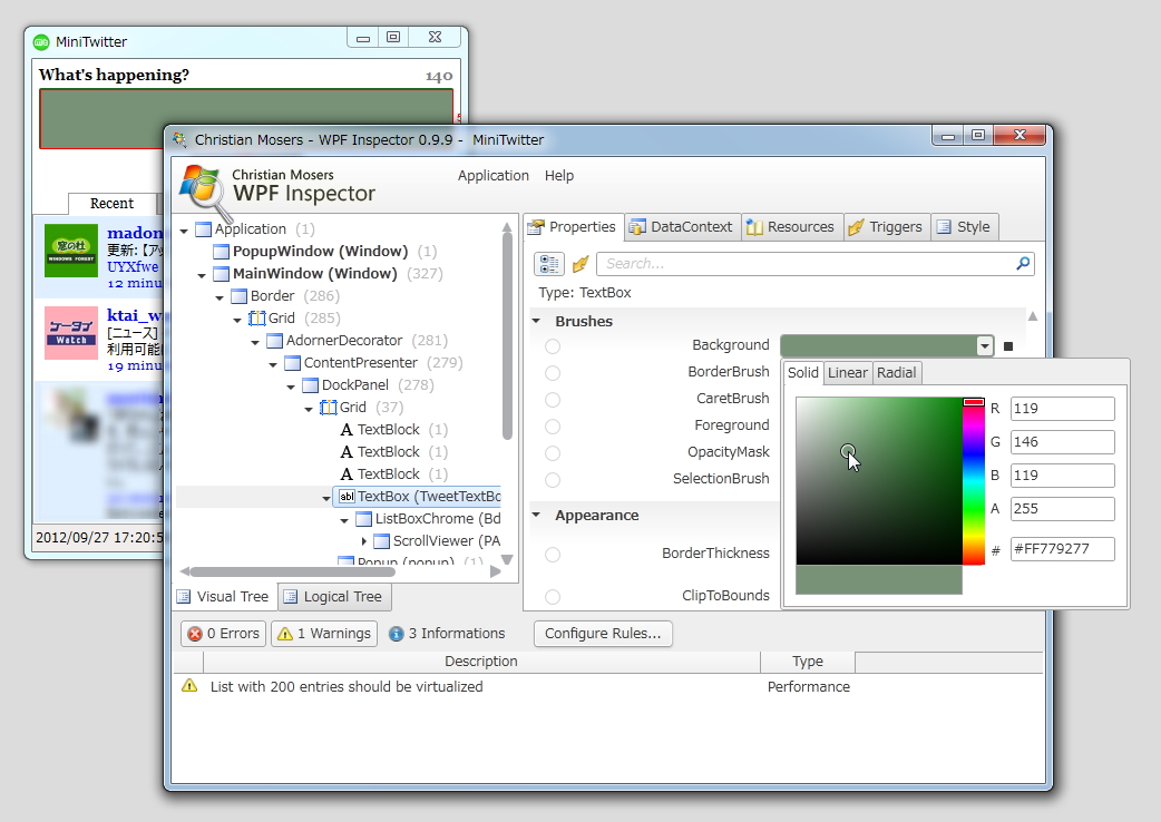 ツリーの要素を選択すると、アタッチされたWPFアプリケーション上の当該要素が赤枠で強調表示される。プロパティの変更もリアルタイムで反映される