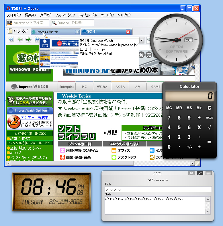 ウィジェットに初対応したときの「Google Desktop 4」と「Opera 9」