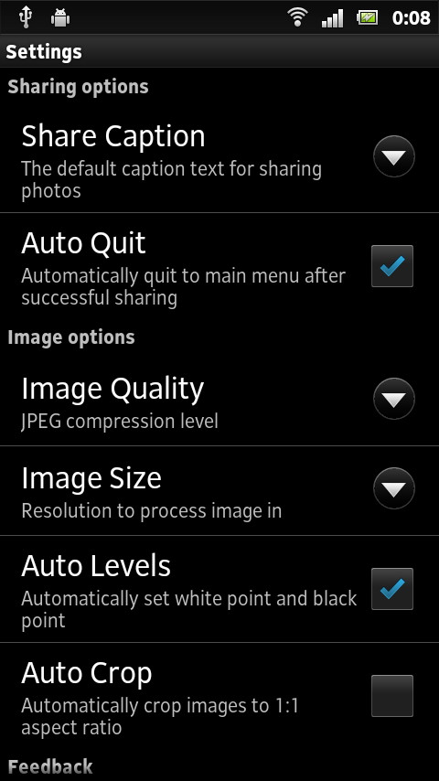 設定画面では、画質や画像の保存サイズなどを選択することが可能