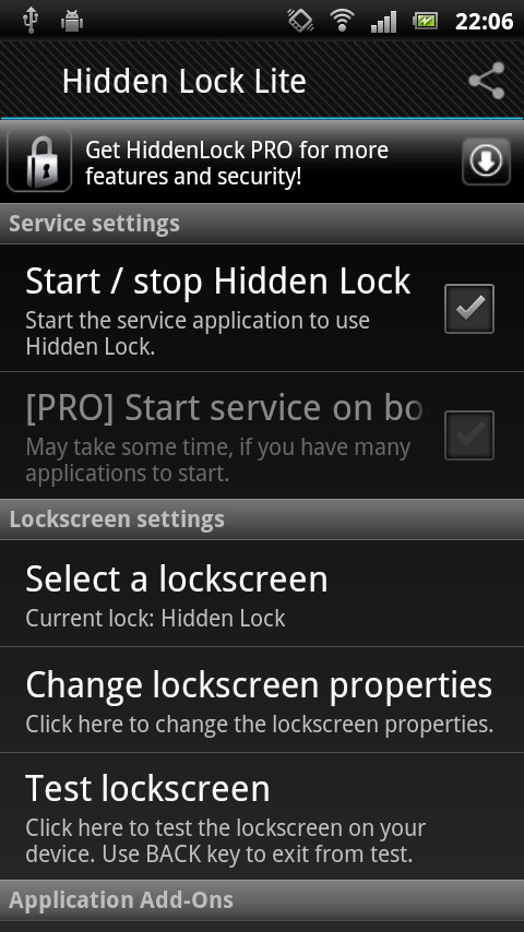“Start / stop Hidden Lock”のチェックボックスをONにして、［Select a lockscreen］項目からロック解除方法を選択する