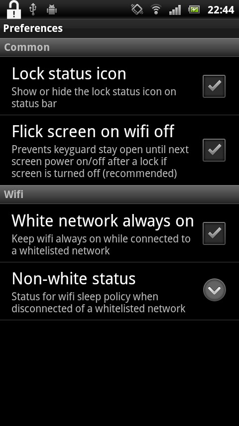 “Lock status icon”のチェックボックスをONにすると、ステータスバーのアイコンでロック画面の有効・無効を確認できる