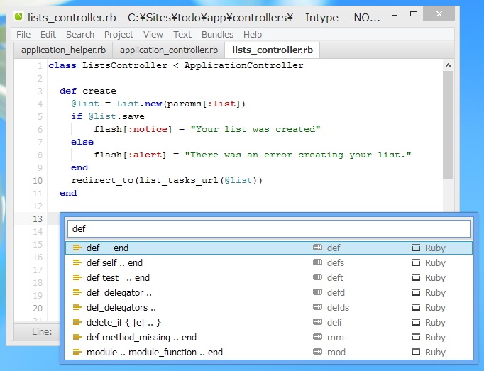 ［Ctrl］＋スペースキーで文脈に応じたスニペットが呼び出せる。Ruby言語のメソッド定義（def）を補完する例