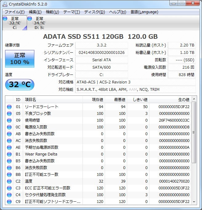 「CrystalDiskInfo」v5.2.0