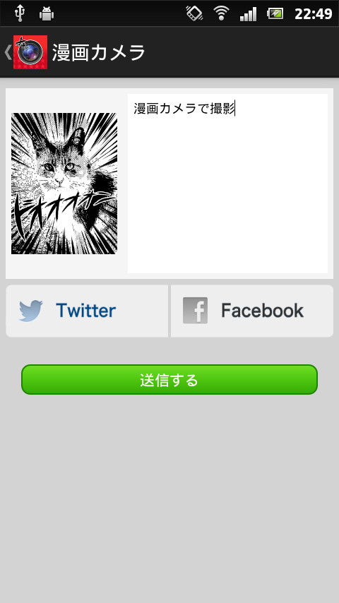 TwitterやFacebookに加工した写真を投稿でき、テキストの入力も可能