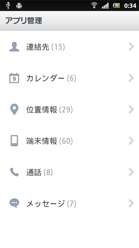 “連絡先”や“カレンダー”などの情報にアクセスしているアプリを項目ごとに確認できる