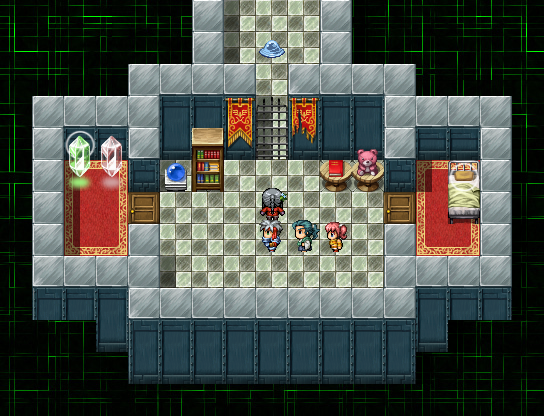 正面の門に行くとモンスターが現れ、戦闘開始。右に宿屋、左のクリスタルがショップだ