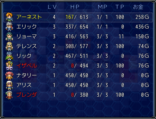 メニューの状況リストでパーティメンバーの状態を確認。高レベルキャラは倒せ！
