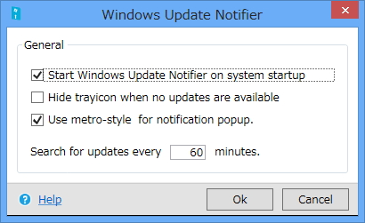 「Windows Update Notifier」の設定画面
