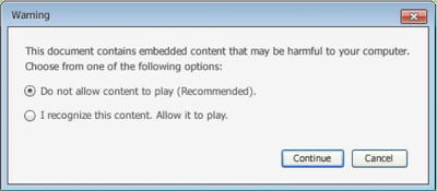 「Microsoft Office 2008」以前のバージョンであれば、Flashコンテンツの実行前に確認ダイアログを表示
