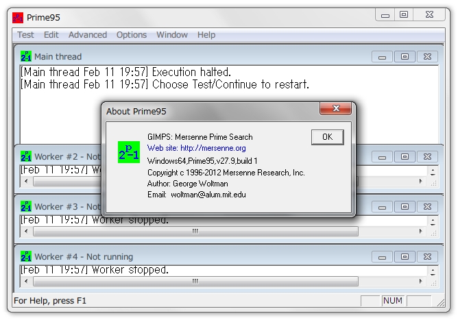 GIMPSプロジェクト用クライアント「Prime95」